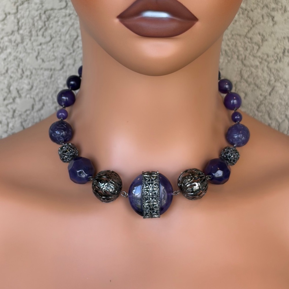 Opulent Purple Beaded Gunmetal Collar Statement Necklace